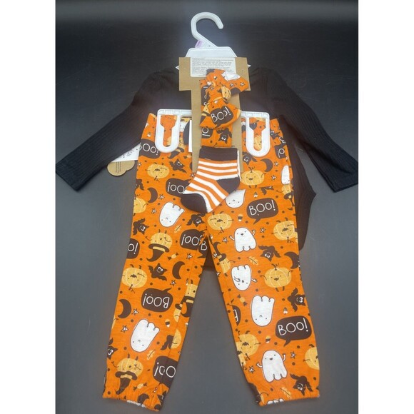 Baby Essentials 4 Piece Pumpkin Ghost Halloween Outfit Socks & Hair Bow Size 9M - Picture 3 of 4